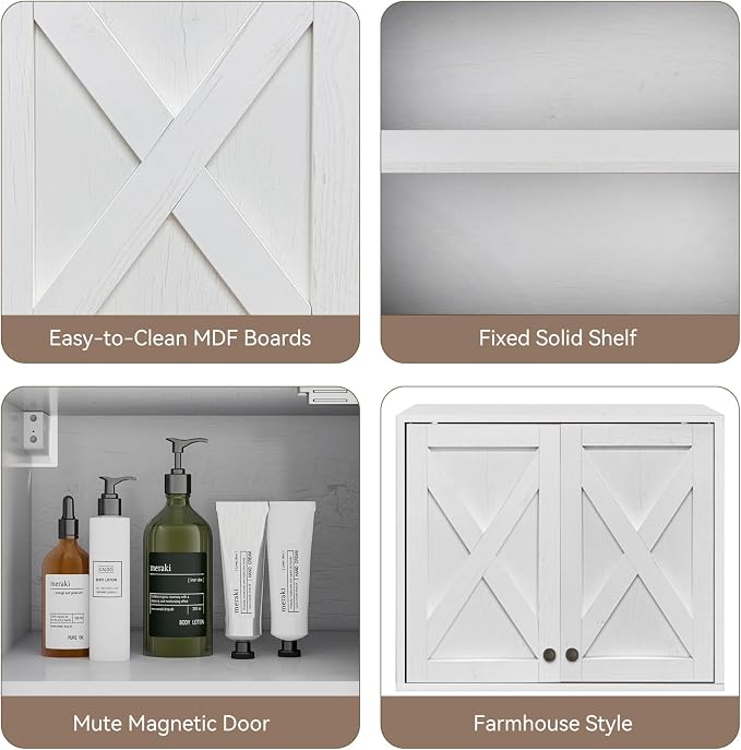 YOURLITE Laundry Cabinet, Medicine Cabinet, Bathroom Kitchen Storage Wall Mounted Farmhouse Organizer with Shelves Over Toilet, One Set of 2 Pieces X 24", White