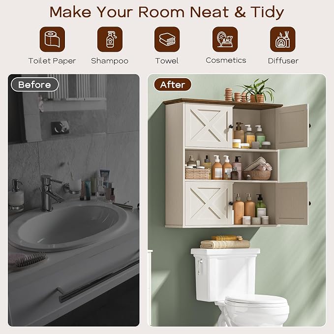 Vabches Bathroom Wall Cabinet, Farmhouse Medicine Cabinet with 4 Barn Doors, Large Wooden Vintage Storage Cabinet Wall Mounted for Bathroom, Kitchen, Rustic White