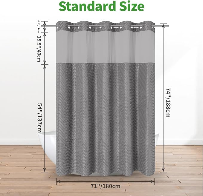 eachope no Hook Shower Curtain and Liner Set，Boho Style with See Through Top Window, Grey Fabric Tufted Striped Textured Outer Curtain & Waterproof Inner Liner, Grey/Gray, 71Wx74H