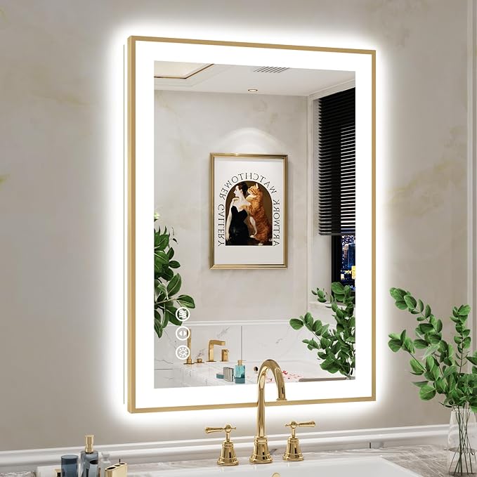 24x36 LED Bathroom Mirror with Lights, Gold Framed Lighted Mirror | Backlit and Front light, Anti-Fog, 3 Color Dimmable, Memory, Tempered Glass, IP54 Waterproof, UL Listed