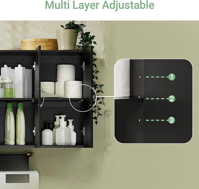 3-Door Wall Mount Bathroom & Laundry Cabinet, Wall Size, Black | 3-Door Wall Storage Cabinet With Adjustable Shelves, Over Toilet/Washer MDF Medicine Cabinet, HUS-FRG231-L