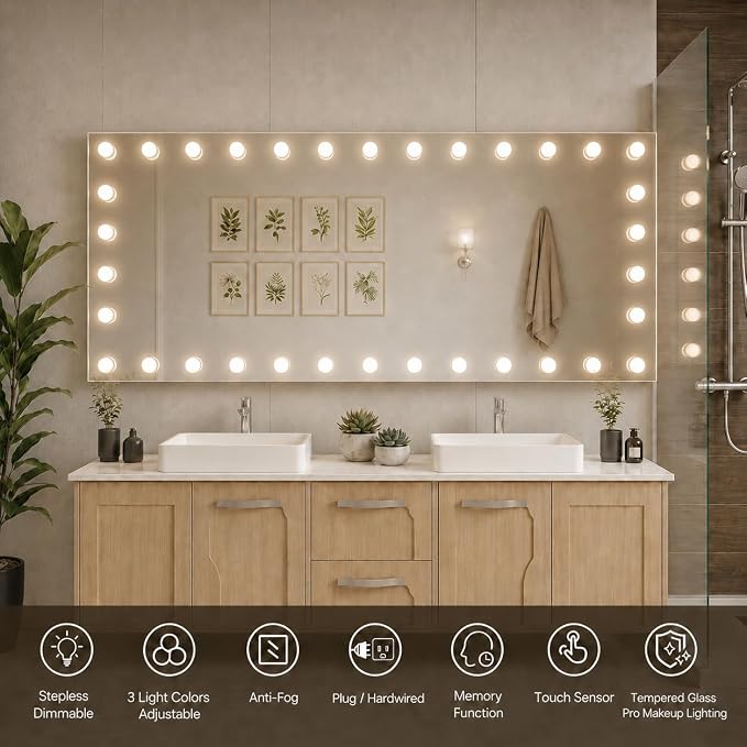 WTTY 96"x36" Hollywood Vanity Mirror with Lights | Wall Mounted Makeup Mirror, 3 Color Temperatures, Stepless Dimmable Bulbs, Anti-fog, Tempered Glass, Shadow-free