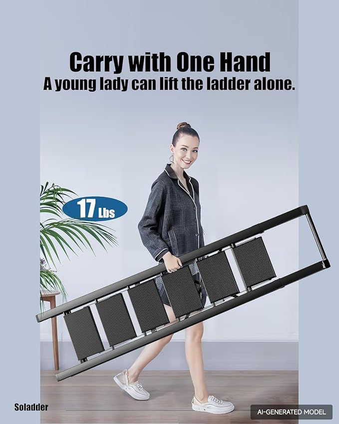 6 Step Ladder, Folding Step Stool, Lightweight Stepladder, Black | Reach 12ft;Anti-Slip 7.9'' Wide Pedal;Portable Handrail;Space-Saving;For Kitchen, Home, Library, Office Use;300lbs Capacity