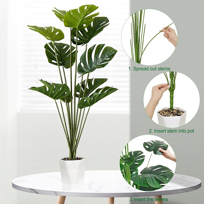 SAJANDAS Set of 2 Artificial Monstera Deliciosa Plants in Pots, Fake Tropical Palm Tree with Greenery Leaves Stems, 44 Inch Faux Swiss Cheese Floor Plants Indoor for Store, Office, Home Decor