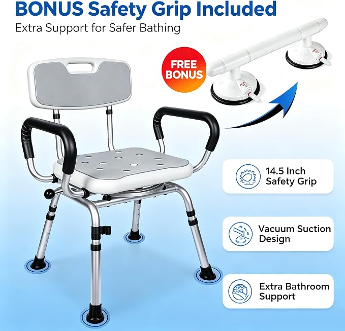 Swivel Shower Chair with Handle 500lbs Adjustable Arms & Back 360° Rotating | 360° Swivel, 5-Level Height Adjust, Non-Slip Feet, Tool-Free Assembly With Extra Suction Bath Grab Bar