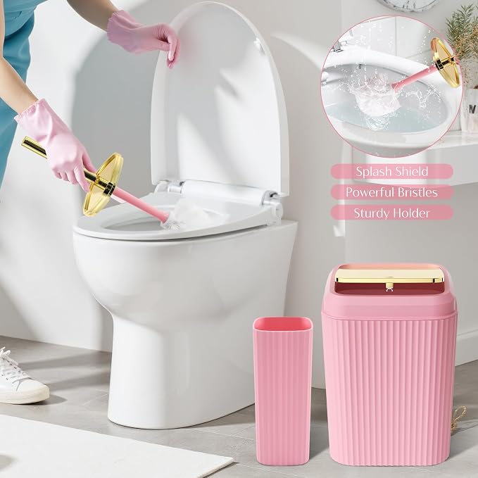 17PCS Bathroom Accessories Set, Pink Bathroom Set Bathroom Accessories Set with Trash Can, Toilet Brush, Toothbrush Holder, Qtip Holder & 3PCS Soap Dispenser