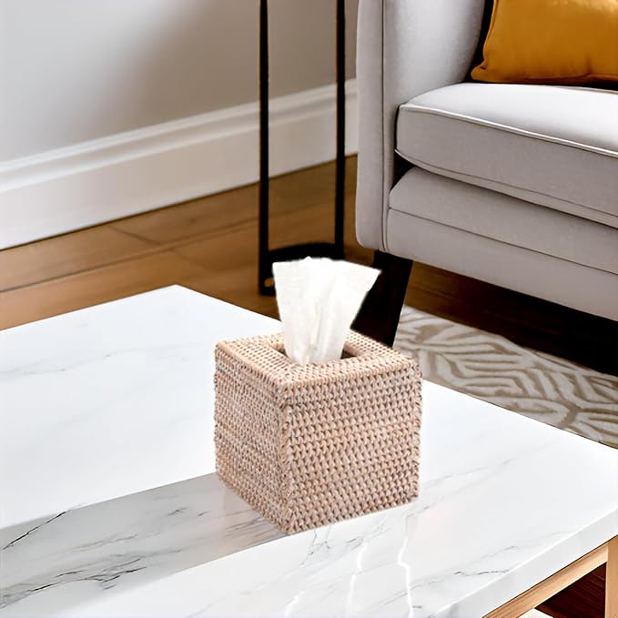 2 Pack Rattan Tissue Box Cover Square, Wicker Tissue Box Holder, Decorative Woven Facial Tissue Holder for Bathroom, Kitchen, Living Room, Bedroom (5.5 x 5.5 x 5.7 inch, Whitewash)