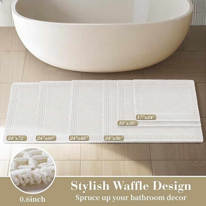 RESARE Waffle Bath Mat for Bathroom, Non Slip Bathroom Rugs 17"x24" White | Absorbent Boho Bathroom Floor Mats Machine Washable Quick Dry, Soft Solid Bath Rugs with Tassels, Ideal Farmhouse Home Decor