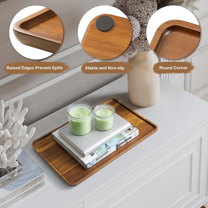 16 Inch Acacia Wood Serving Tray, Rectangular Wooden Decorative Tray for Food, Appetizers, Snacks, Desserts, Coffee Table, Bathroom, Entryway, Vanity, Home Decor Organizer
