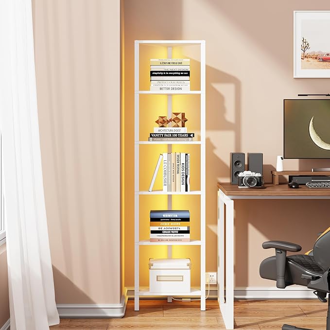 TUTOTAK 6-Tier Corner Bookshelf with LED Light, Corner Shelf | for Small Space, Narrow Display Corner Shelf Stand with Storage Rack, for Living Room, Bedroom, Pure White V1BS05BW006L