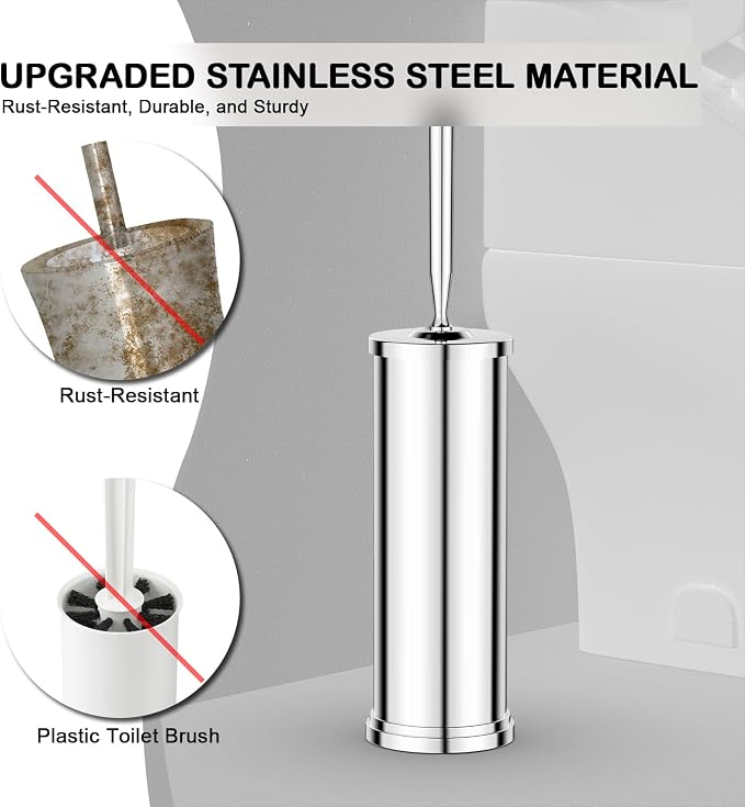 Stainless Steel Toilet Bowl Brush and Holder Set Scrubber Chrome | Weighted Stable Base Removable Inner Tube Toilet Bowl Brush Splash-Proof Design for Deep Cleaning Space Saving Storage