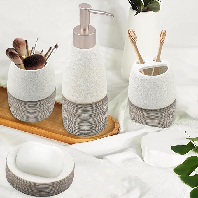 CERBIOR Bathroom Accessories Set,4 PCS Ceramic Bath Accessory,Grey White | Includes Toothbrush Holder, Toothbrush Cup, Soap Dish for Decorative Countertop and Housewarming Gift