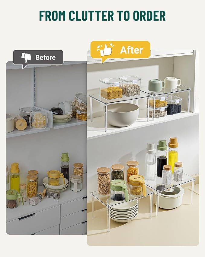 Acrylic Cabinet Organizer Set of 2, Stackable Spice Rack for Kitchen | Clear Shelf Organizer for Pantry, Cabinets, Countertops and Desks, Stackable Design Perfect for Spices and Small Items