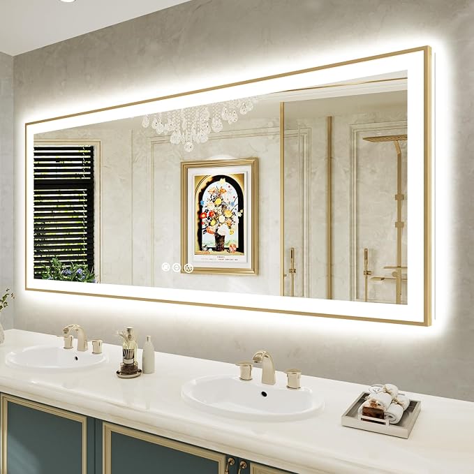 72x32 LED Bathroom Mirror with Lights, Gold Framed Lighted Mirror | Backlit and Front light, Anti-Fog, 3 Color Dimmable, Memory, Tempered Glass, IP54 Waterproof, UL Listed
