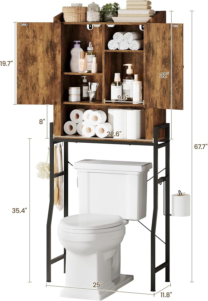 Over The Toilet Storage Cabinet with Metal Stand, Rustic Brown | Toilet Paper Holder, 3 Extra Hooks, Anti-Tipping Device, With Adjustable Shelves, for Bathroom, Restroom, Laundry
