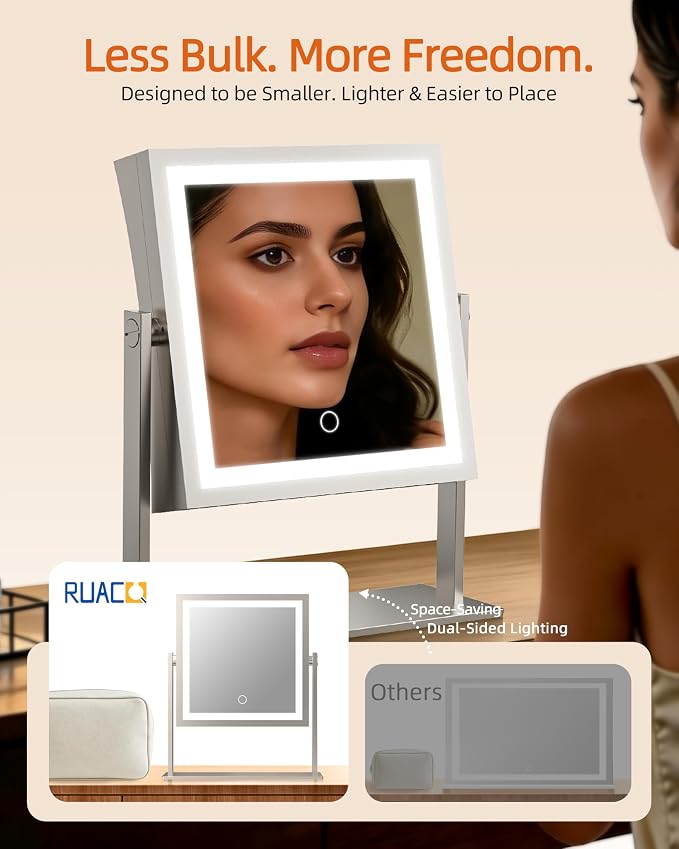 Ruacq Vanity Mirror with Lights, Dual Sided 1X/10X, Brushed Nickel | 8",4000mAh Rechargeable, Magnifying Mirror with 3 Color Lights,Touch Control Dimmable, 360° Rotation, Square, Gift for Women