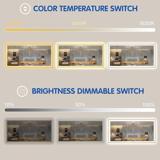 60x28 Inch LED Bthroom Mirror with Gold Frame | Gold Metal Frame, Front and Backlit, 3 Colors, Dimmable, Memory, Anti Fog, Tempered Glass, Lighted Mirror for Wall