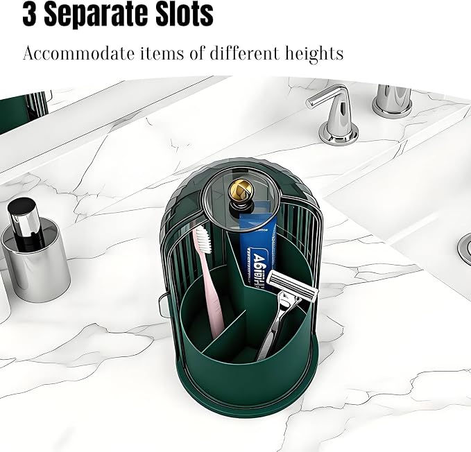 JEESA Dustproof Toothbrush Holder with Cover, All Green | 360° Rotating, 180° Sliding Lid, 3 Slots, Toothbrush Organizer, for Bathroom Countertop