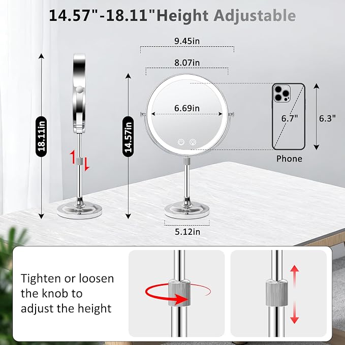 8" Makeup Mirror with Lights,4000mAh Rechargeable Vanity Mirror,1X/10X Double Sided Magnifying Mirror with Adjustable Height, 3 Colors Stepless Dimming Lighted Makeup Mirror,Women Gift