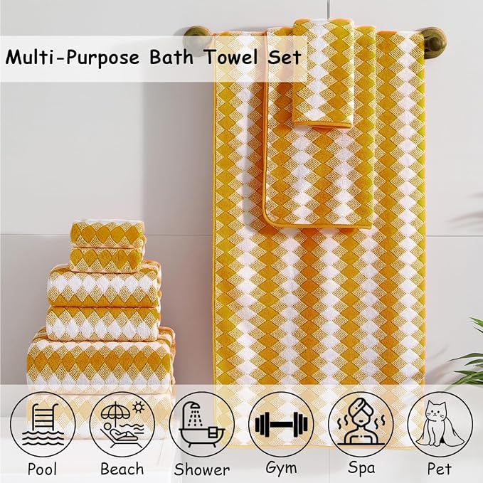 12 Pcs Ginger Yellow White Diamond Towel Set-4 Bath Towels,4 Hand Towels,4 Washcloths Soft Polyester Bath Towel with Loop Absorbent Shower Towel Quick Dry Family Towels for Bathroom Spa Gym