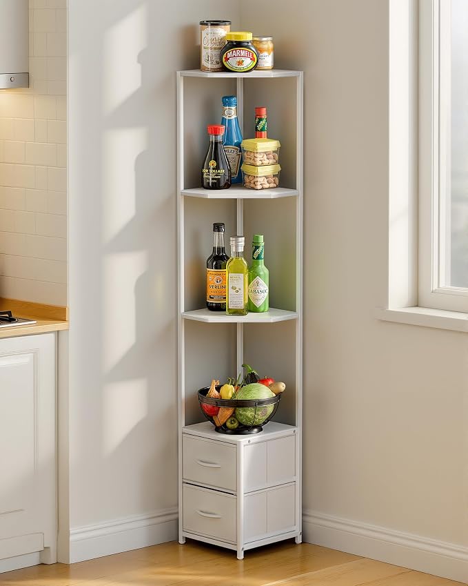 Housolution 6 Tier Corner Shelf Stand with Storage and Fabric Drawers,White | 63.4'' Tall Narrow Corner Bookshelf, Freestanding Corners Storage Shelf for Living Room Bedroom Small Space