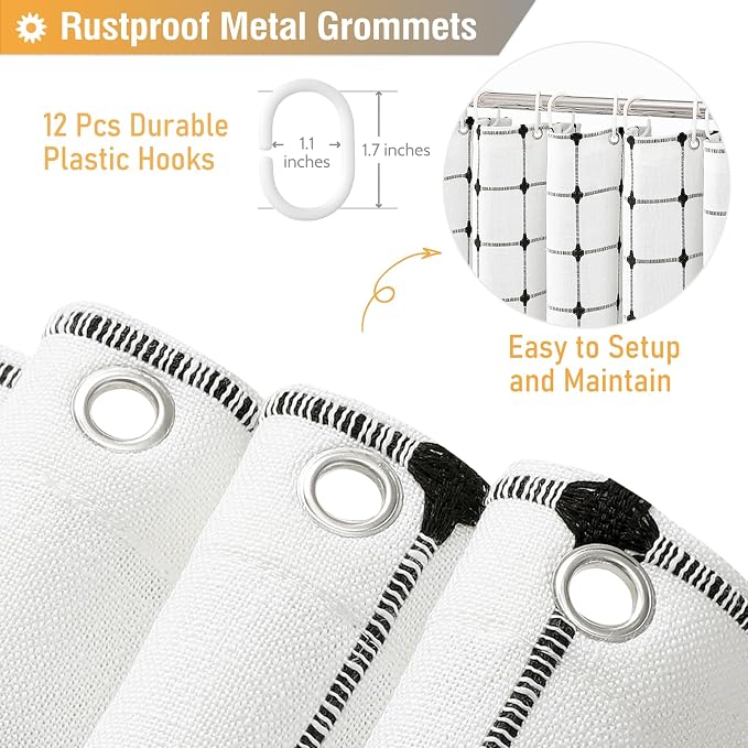White and Black Boho Farmhouse Linen Heavy Duty Shower Curtain, 72x72 | 330GSM Linen Blend, Classic Plaid, 3-side Tassels, Water Repellent Fabric, 12 Plastic Hook, Rustic Bohemian, Machine Washable