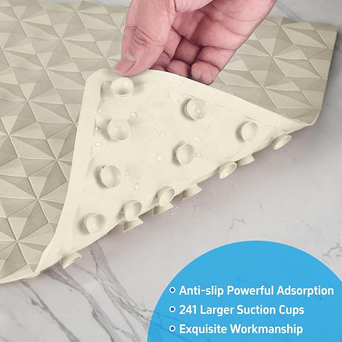 Non Slip Bathtub Mat for Bath Tub Shower - 241 Vacuum Suction Cups | 100% Natural Rubber - Unique Diamond Texture - Soft & Safe for Fatigue Relief - Machine Washable - 16 × 28 Inch
