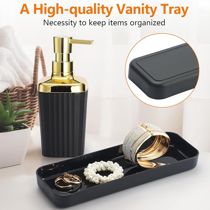 9 PCS Black Bathroom Accessories Set with Trash Can Bathroom Accessory | All-in-One Kit with Trash Can,Toothbrush Holder,Soap Dispenser,Toothbrush Cup,Vanity Tray,Soap Dish,Toilet Brush etc for Home