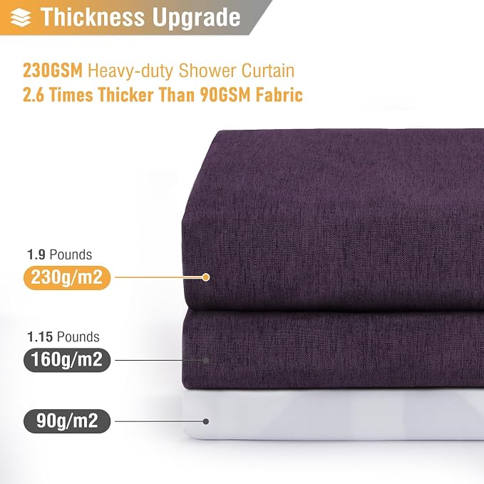 72x78 Linen Textured Waterproof Thcik Fabric Shower Curtain, Purple | Long Size, 230GSM Polyester, Heavy Duty Cloth, Weighted Hem, 12 Plastic Hooks, Modern Luxury Hotel Style, Machine Washable