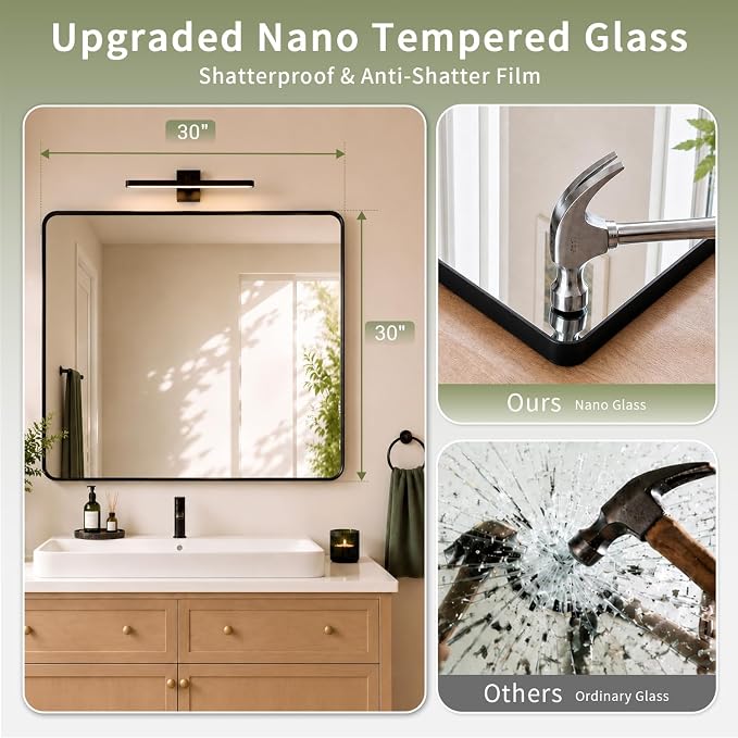 Koonmi 30x30 Inch Black Bathroom Mirror for Over Sink | Wall Mirror for Bathroom Matte Rectangle Metal Deep Framed, Shatterproof Tempered Glass, Hang Vertically or Horizontally