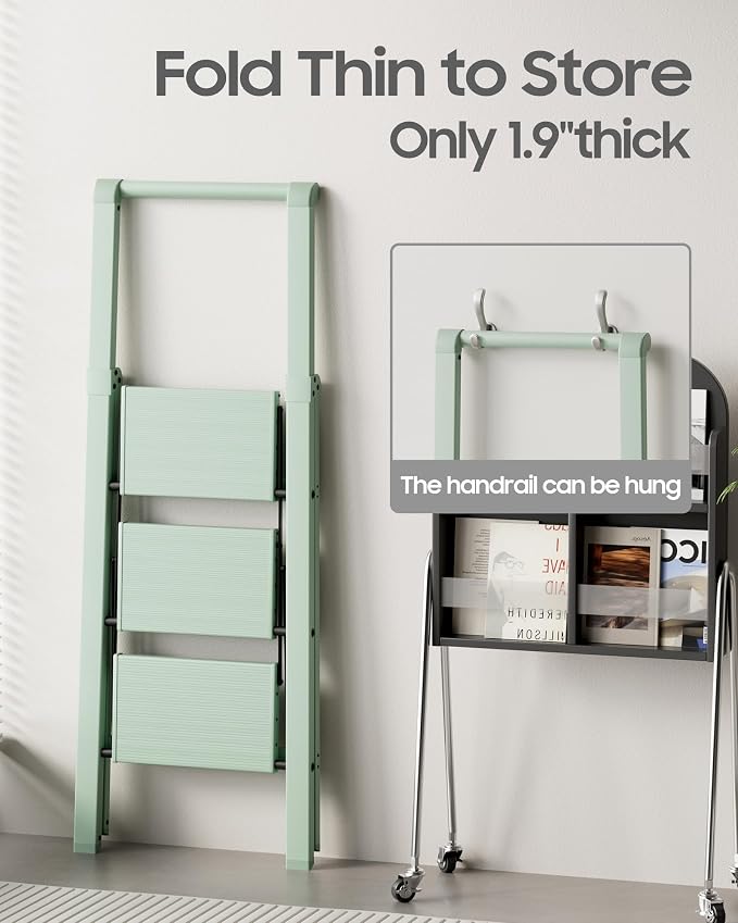HillhutApex Aluminum 3 Step Ladder, Step Stool Foldable Ladder(Pale Green) | Stepladder with Handgrip,Anti-Slip Pedals,330lbs Capacity,Lightweight Folding Ladder for Home,Office,Libaray