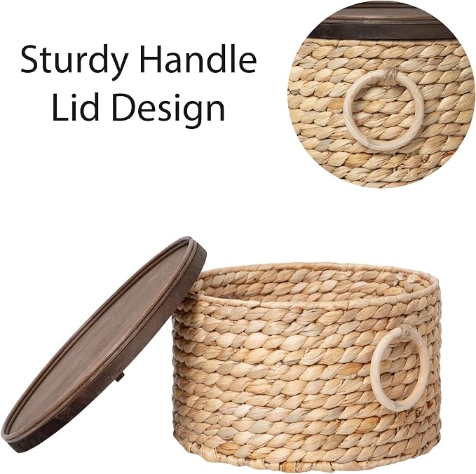 Water Hyacinth Storage Basket with Wooden Lid & Handles, 12.0" D x 6.7" H Handwoven Round Basket for Living room,Bathroom - Decorative Organizer for Home (Large)