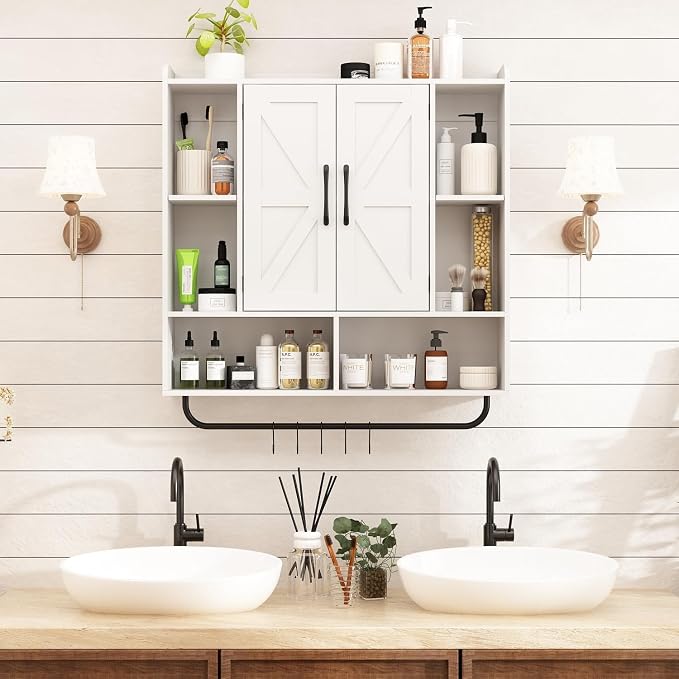 RUSTOWN Rustic Bathroom Wall Storage Cabinet with 2 Barn Doors, White | Farmhouse Medicine Cabinet, Wall Mounted, Space Saving, 3-Tier Adjustable Shelves, Towel Bar, 5 Hooks