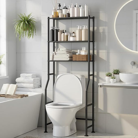 3-Tier Over The Toilet Storage, Freestanding Metal Bathroom Shelves, Space Saver Above The Over Toilet Storage Shelf for Bathroom (Black)