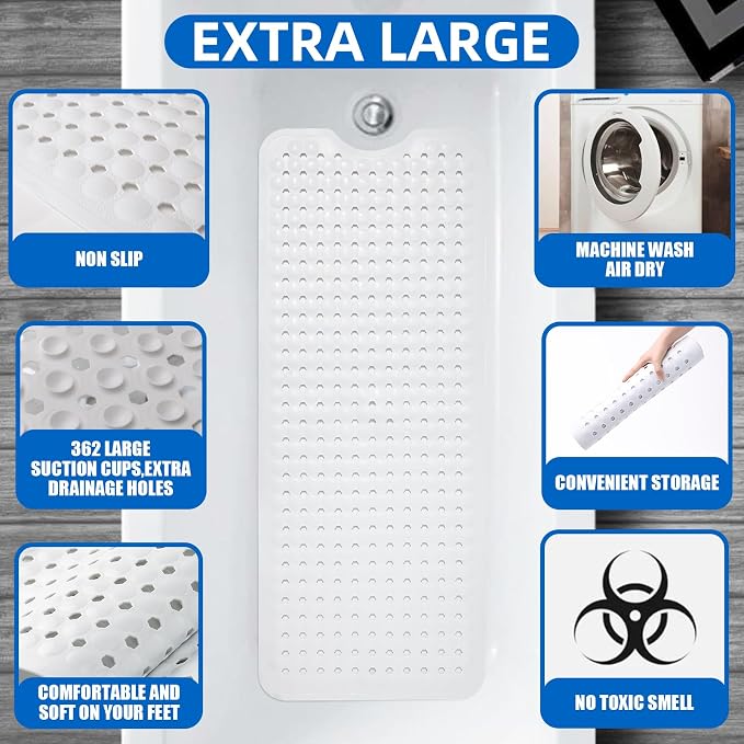 MOONFLY Shower and Bathtub Mat,40x16 Inches,Extra Long Non Slip Mats with Suction Cups and Drain Holes, Machine Washable and Anti Slip Bathmats, Bathroom Mats for Tub Nonslip (White)