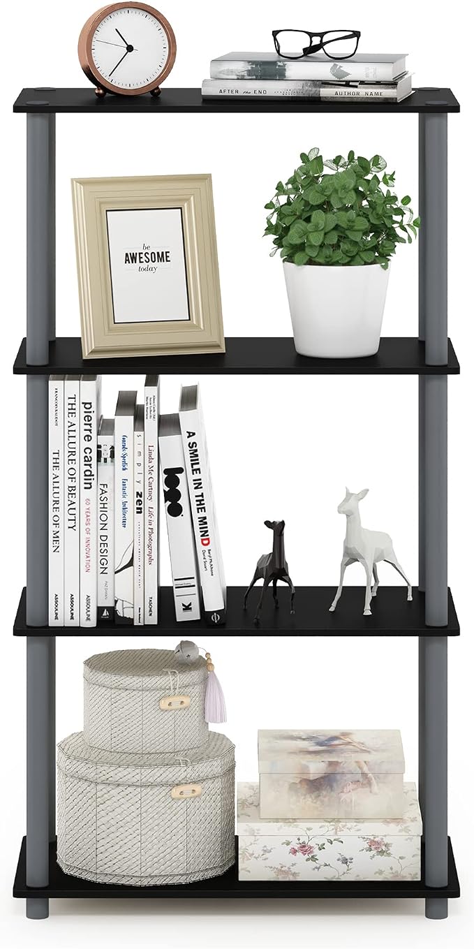 Furinno TURN-N-TUBE Storage Shelves, 4-Tier Toolless Book Shelf, Corner Shelf, Toolless Open Shelves, for Organization and Storage, Living Room, Garage, Home Office, Black