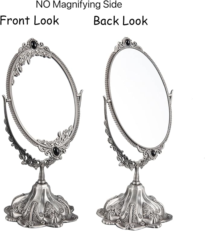Feyarl Small Vintage Makeup Mirror Floral Tabletop Oval Vanity Mirror with Stand Dressing Room Swivel Double Sided Elegant Decorative Mirror Embossed Frame (Pewter)