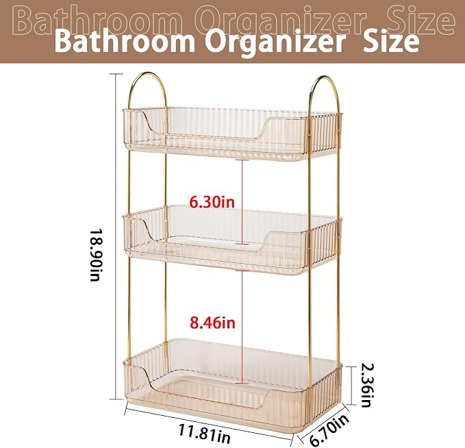3 Tier Bathroom Counter Organizer Countertop Storage, Cosmetics Skincare Shelf Organizer, Makeup Organizer Perfume for Dresser Vanity Tray, Spice Rack Organizer for Kitchen - Gold