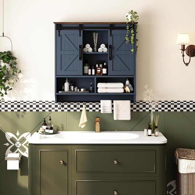 RUSTOWN Farmhouse Bathroom Wall Storage Cabinet with Sliding Barn Doors | 3-Tier, Rustic Wood Wall Mounted Cabinets, Vintage Medicine Cabinet, Adjustable Shelves, Over The Toilet Storage Cabinet