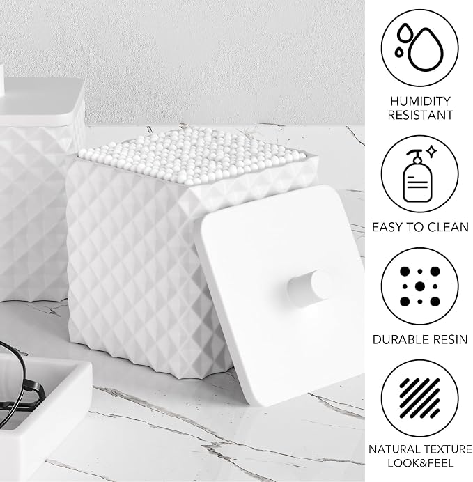 Bathroom Accessories Set Resin 6PCS, Square Toothbrush Holders Set Complete with Soap Dispenser, Vanity Tray, Tumbler, Cups and Cotton Swab Jars (White Diamond, Resin Bath 6 PCS)