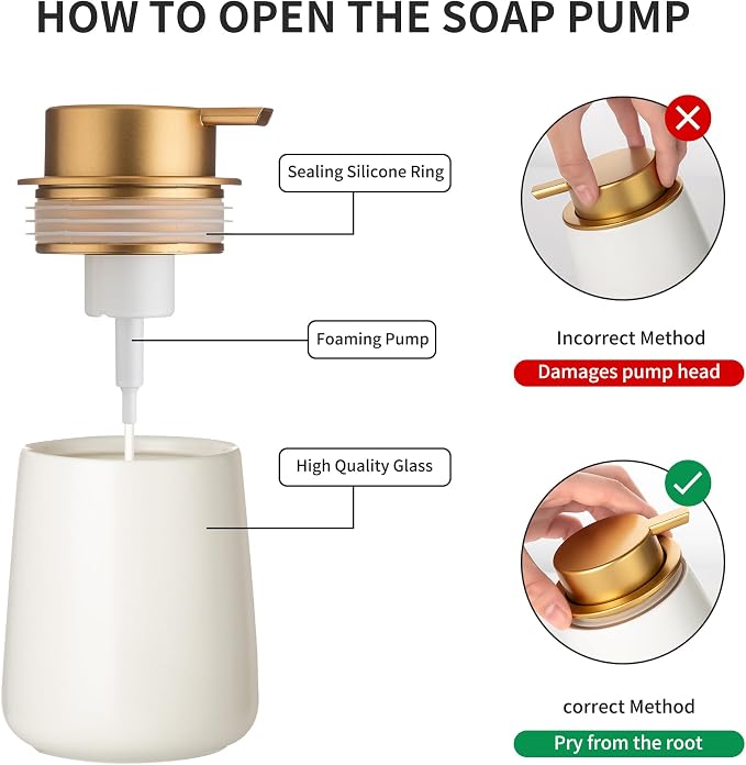 Enra Foaming Soap Dispenser, White Ceramic Hand Soap Dispenser Gold Pump | 12oz Ceramic Body with Wide-Mouth Refill Opening. Neutral Gray Finish Adds Style to Kitchens, Vanities and Countertops.