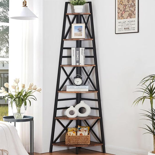 5 Tier Corner Shelf,72 Inch Tall Corner Bookshelf,Rustic Brown | Sturdy Corner shelf Standing,Industrial design,Easy assembly,Suitable for living room,Office,Corner Space