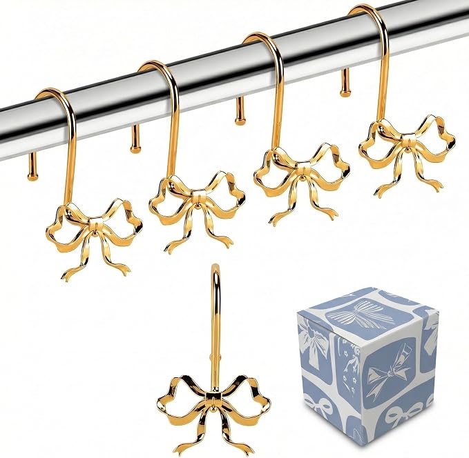 Bow Shower Curtain Hooks, 12-Pack Gold Metal Decorative Bow Knot Rings | Rust-resistant metal rings with gold bow knot accents add decorative charm to bathrooms, guest baths