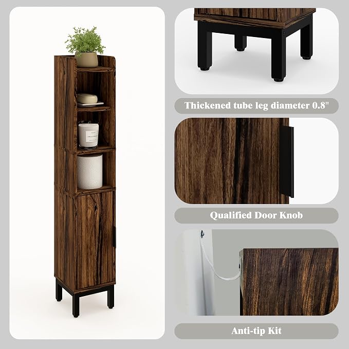 Slim Bathroom Storage Cabinet Narrow Corner Cabinet for Toilet Paper | FerniTry Small Freestanding Cabinet Bathroom Organizer with Adjustable Shelf for Small Spaces Walnut 5 Tiers