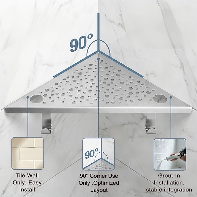 HIDROP Brushed Nickel 10" Corner Shower Shelves with Hooks and Holes,2 Pack | 4 Hooks & 4 Razor Holes, 304 Stainless Steel Bathroom Corner Shelf, Fast Drainage, Embed into Tile Gap, Modern Bathroom Shelf