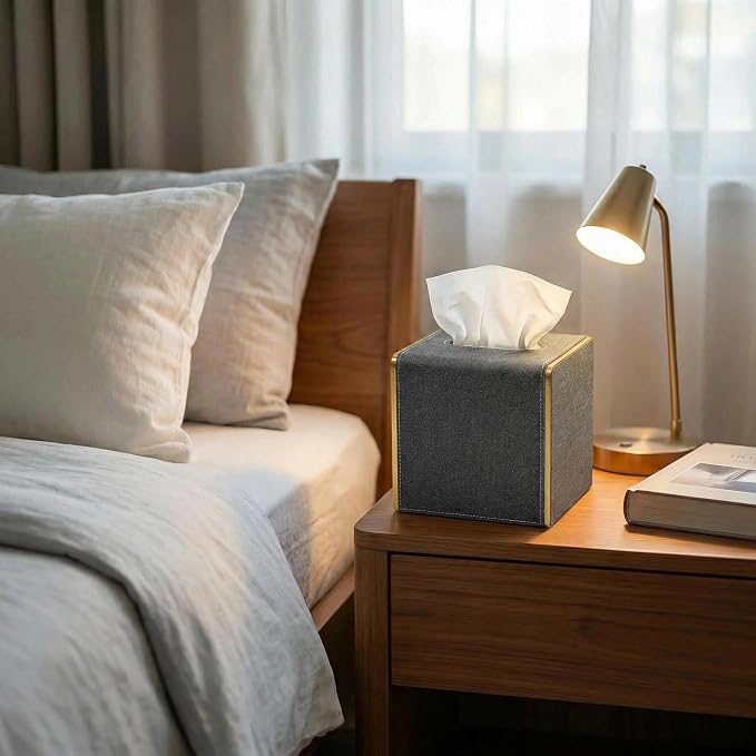 PU Leather Square Tissue Box Cover, Linen Tissue Box Holder with Magnetic Closure, Decorative Modern Cube Tissue Box for Bathroom Vanity Countertop Bedroom Office Desk (Gray)