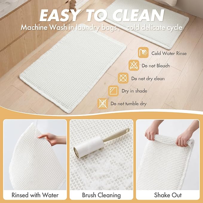 MIULEE Set of 2 Waffle Bathroom Rugs Boho Bath Mat White 20x32 Inch | Non Slip, Super Absorbent, Washable, Ultra Soft, Rubber Backed Bath Rugs for Bathroom Floor Tub Shower