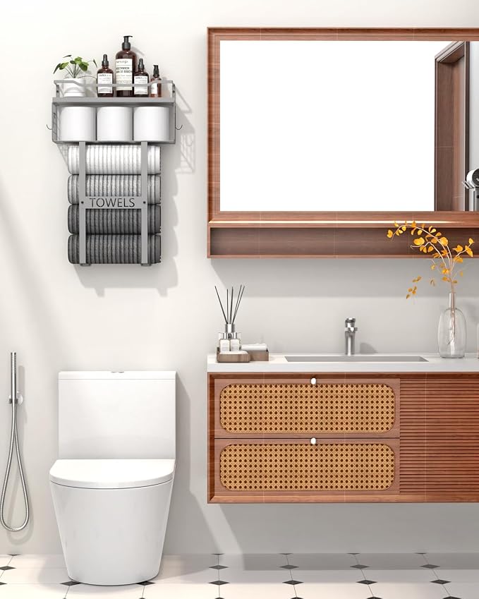 Towel Racks for Bathroom Wall Mounted - Bath Wall Towel Holder Set Above Toilet Storage, Rolled Towel Shelf Organizer for Small Bathroom, Wood Vertical Towel Rack for Bathroom Wall Decor Grey | Towel Storage with Wood Shelf & Metal Basket,Fit for Small...