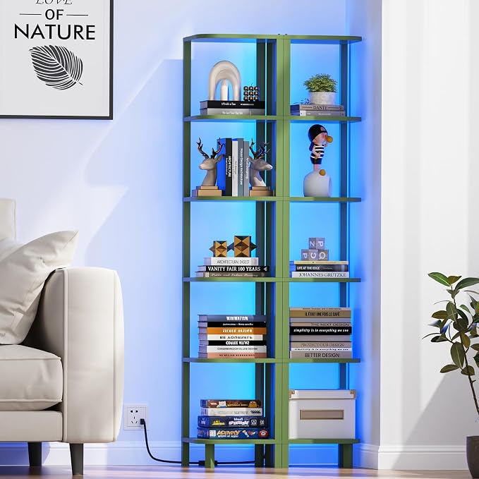 TUTOTAK Corner Shelf with LED Light, 6-Tier Corner Bookshelf | for Small Space, Narrow Display Corner Shelf Stand with Storage Rack, for Living Room, Bedroom, Olive Green BS08BOG006L