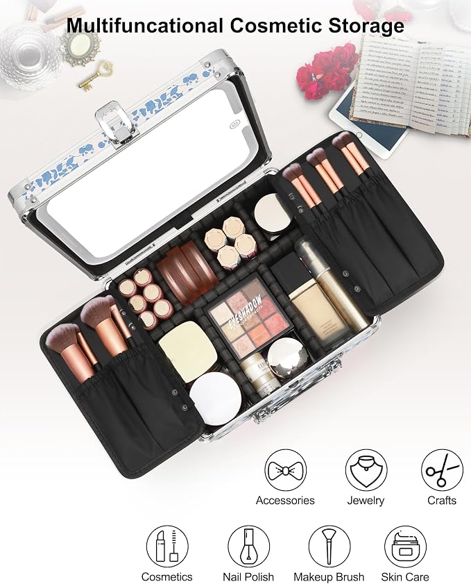 Relavel Makeup Bag with LED Mirror, Makeup Box Travel Train Case with Rechargeable Lighted Mirror, Cosmetic Brush Organizer Storage for Makeup Artists Gifts for Women and Girls, Floral Print